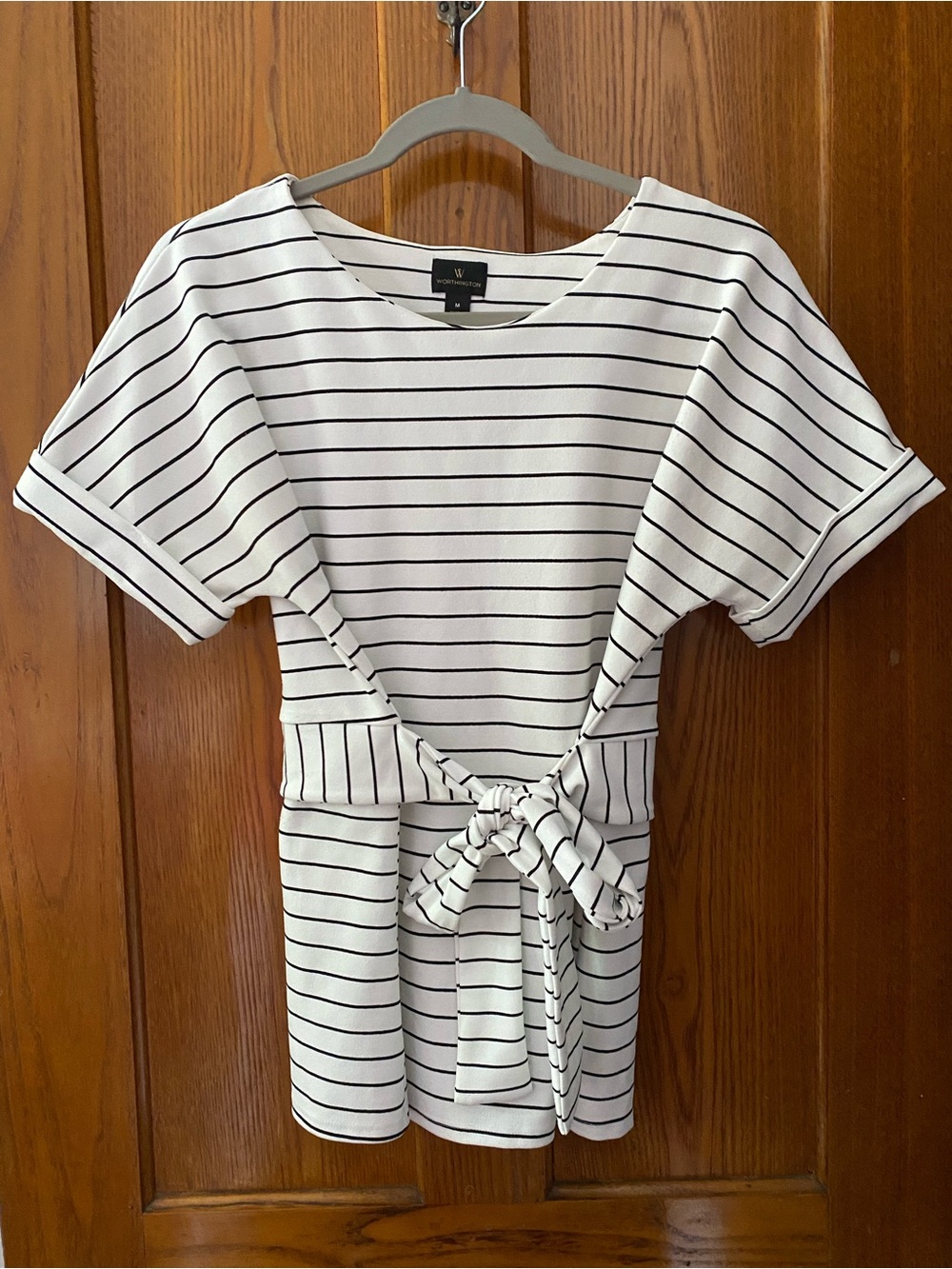 Worthington White & Black Striped Tie-Front Blouse